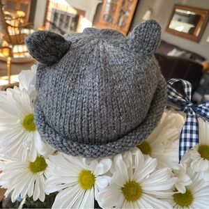 Teddy Bear Hat•Hand Knitted (Baby) Teddy Bear Hat•Soft Charcoal Yarn~Rolled Brim